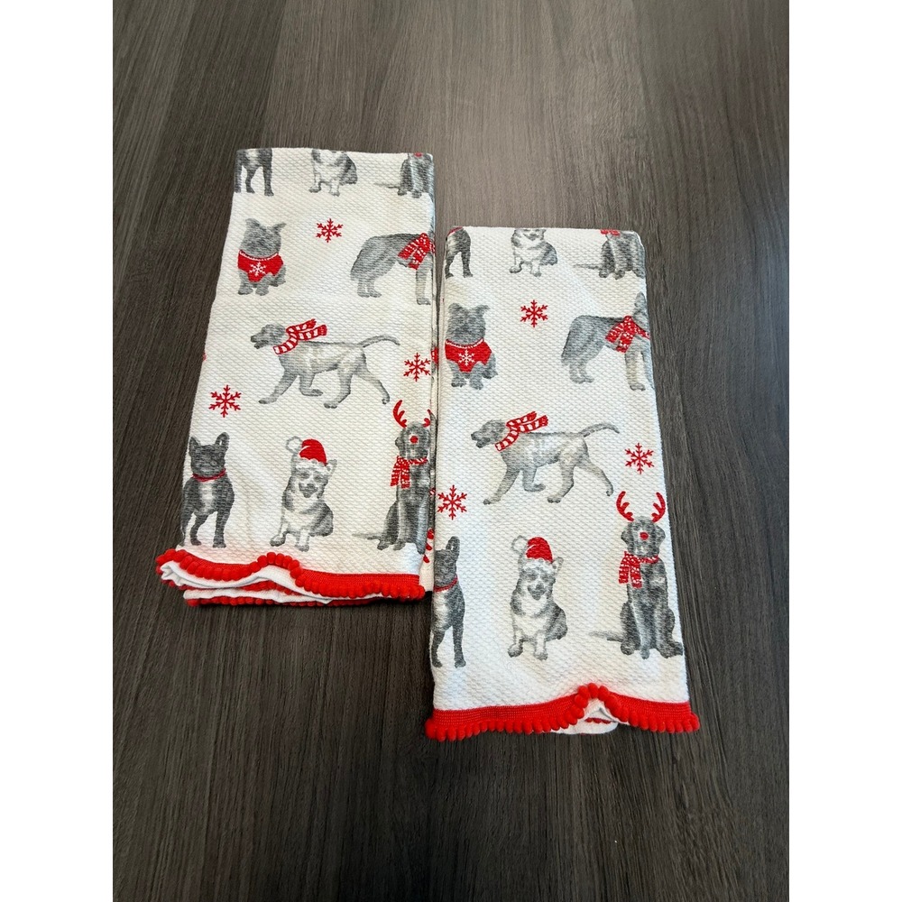 Casaba Home Christmas Dog Kitchen Hand Towels Set of 2 Red Pom Pom Trim Waffle